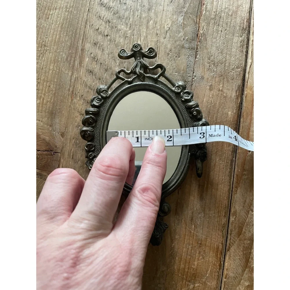 Pair Vintage Italian Brass Ornate Oval Mirror & Floral Print Wall Decor
